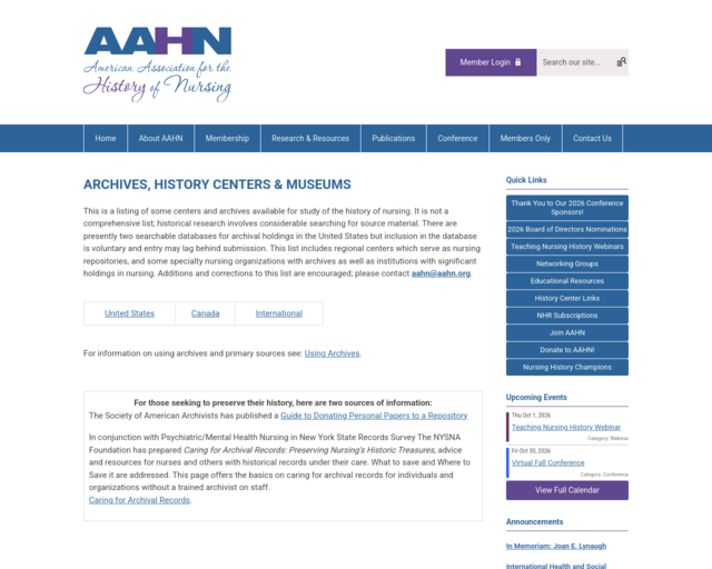 Screenshot of the American Association for the History of Nursing website