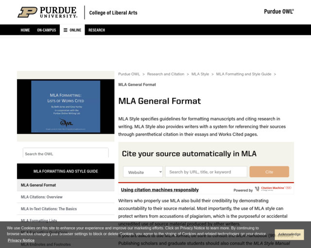 Screenshot of the Owl at Purdue - MLA website