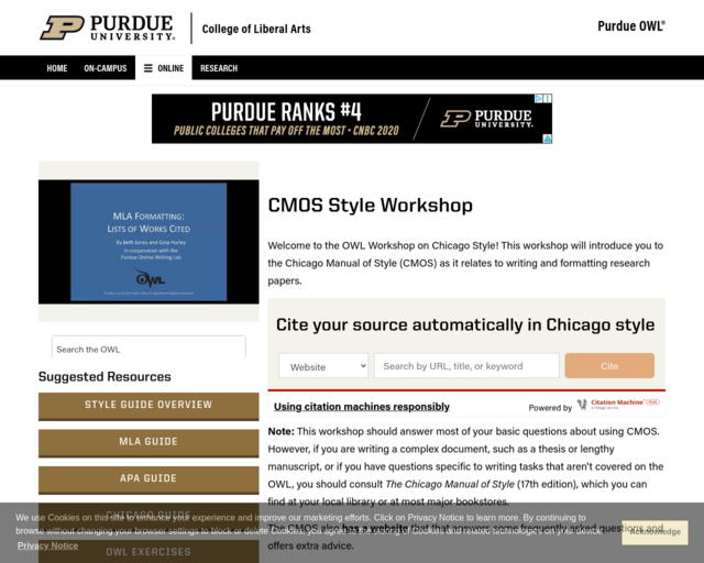 Screenshot of the Owl at Purdue - Chicago Manual of Style 17th edition website