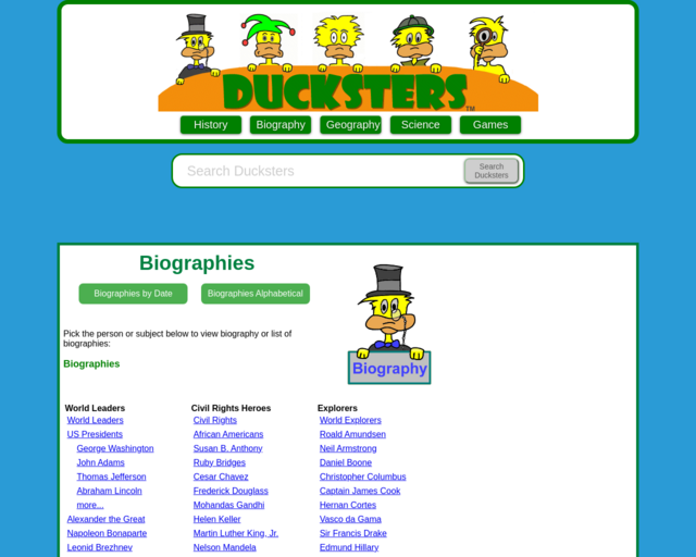 Screenshot of the Ducksters Biographies website