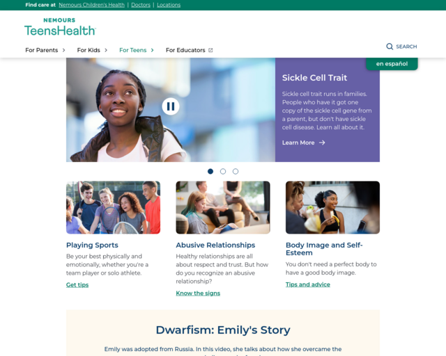 Screenshot of the Teens Health website