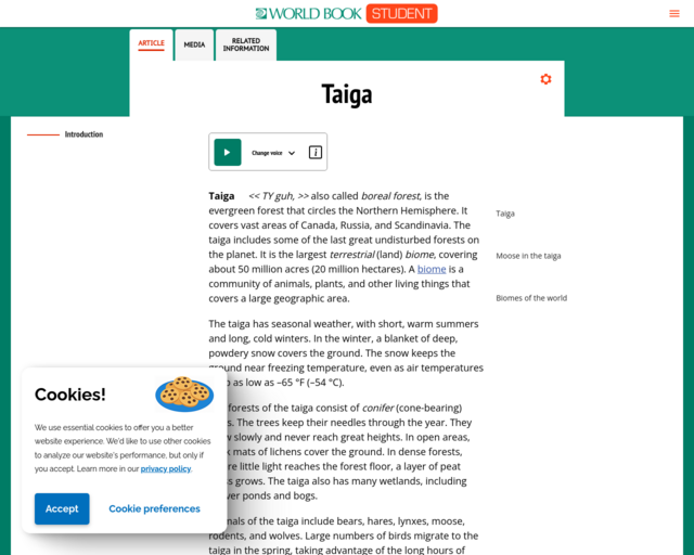 Screenshot of the Taiga @ World Book website