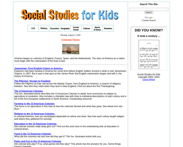 Screenshot of the Social Studies for Kids: Colonial Times website