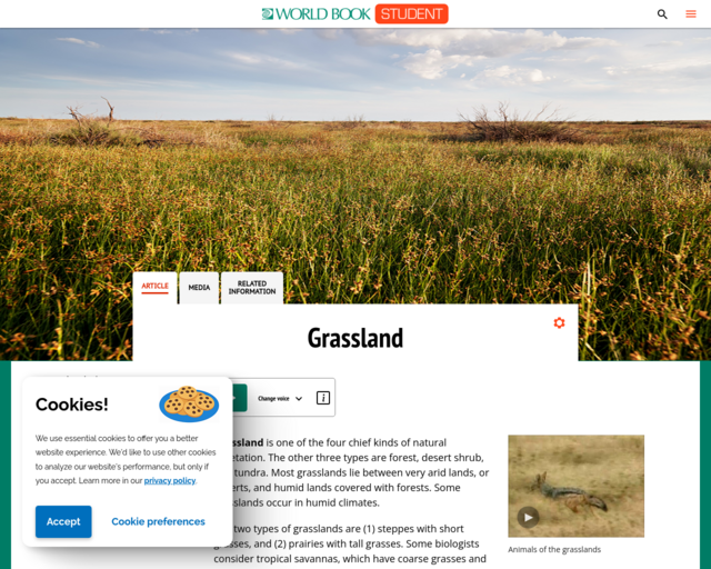 Screenshot of the Grassland @ World Book website