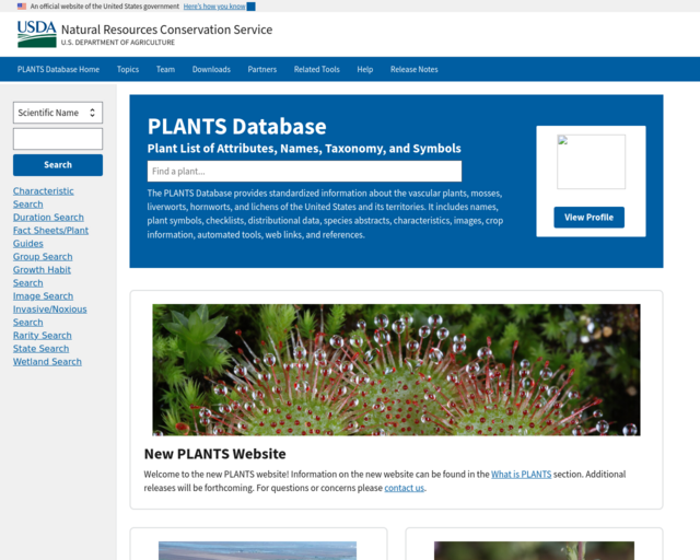Screenshot of the USDA Plants Database website