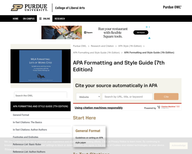 Screenshot of the Purdue Owl : APA Formatting and Style Guide website