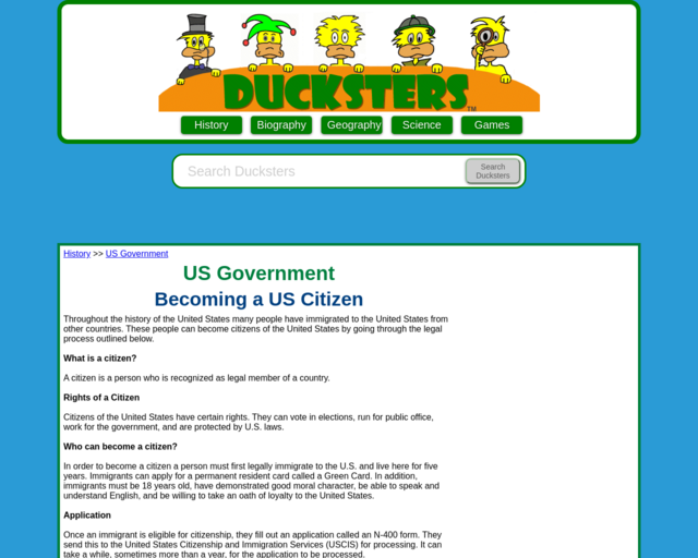 Screenshot of the Steps to becoming a US Citizen (for kids) website