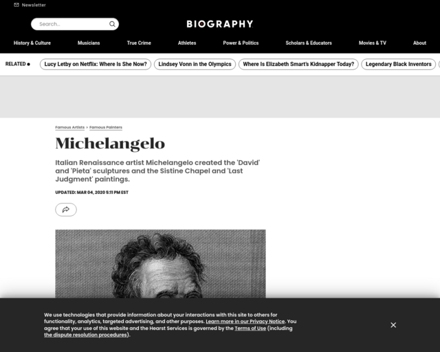 Screenshot of the Michelangelo on Biography.com website