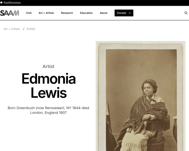 Screenshot of the Edmonia Lewis at the Smithsonian American Art Museum website