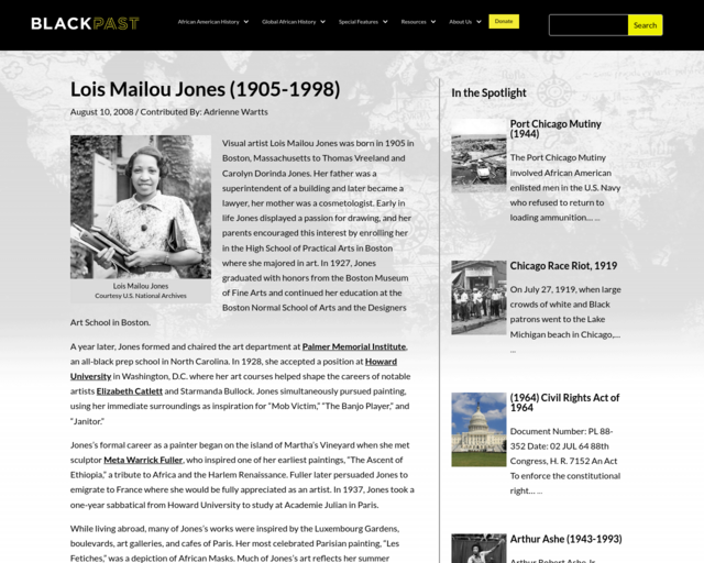 Screenshot of the Lois Mailou Jones at Black Past.org website