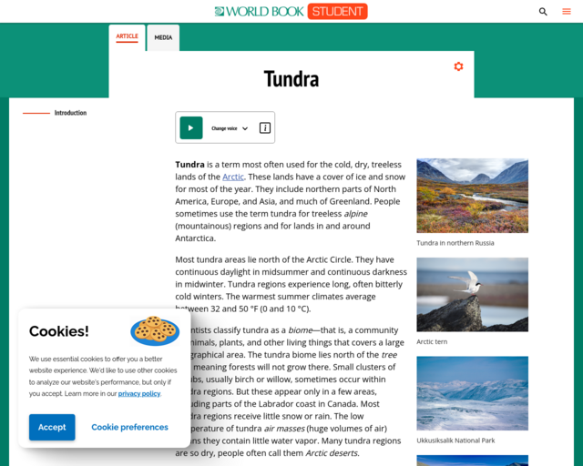 Screenshot of the Tundra @ World Book website