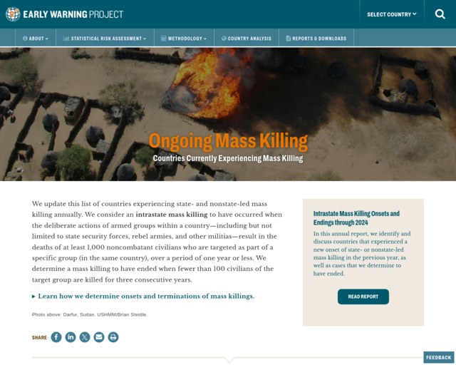 Screenshot of the Early Warning Project - Ongoing Mass Killing website