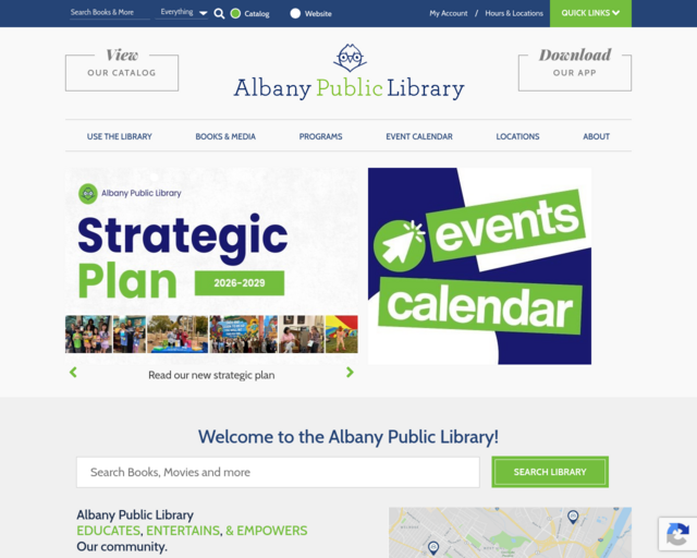 Screenshot of the Albany Public Library Catalog/Event Page website