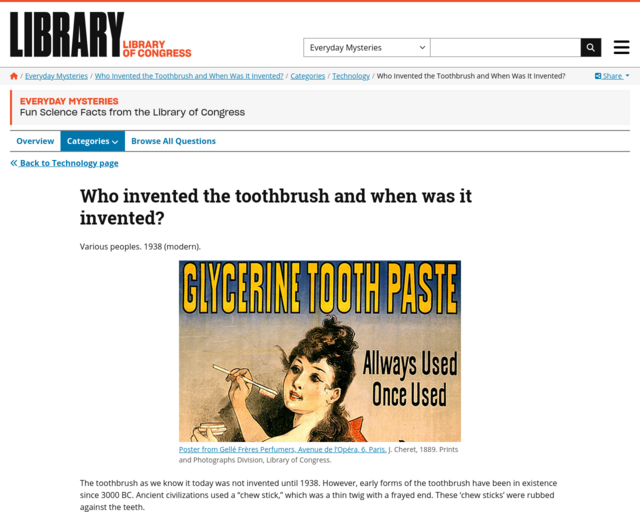 Screenshot of the History of the Toothbrush - Library of Congress website