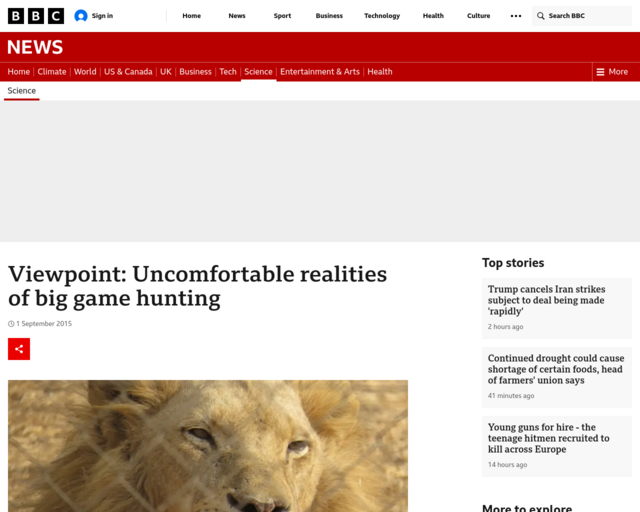 Screenshot of the BBC Article on Big Game Hunting website