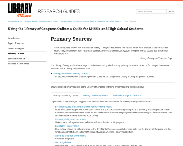 Screenshot of the Government Guide and source for Primary Sources website