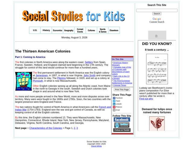 Screenshot of the Social Studies for Kids: 13 American Colonies website