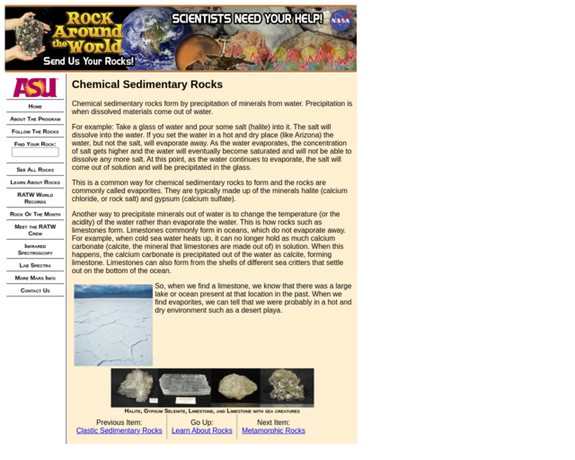 Screenshot of the Chemical Sedimentary Rocks 1 website