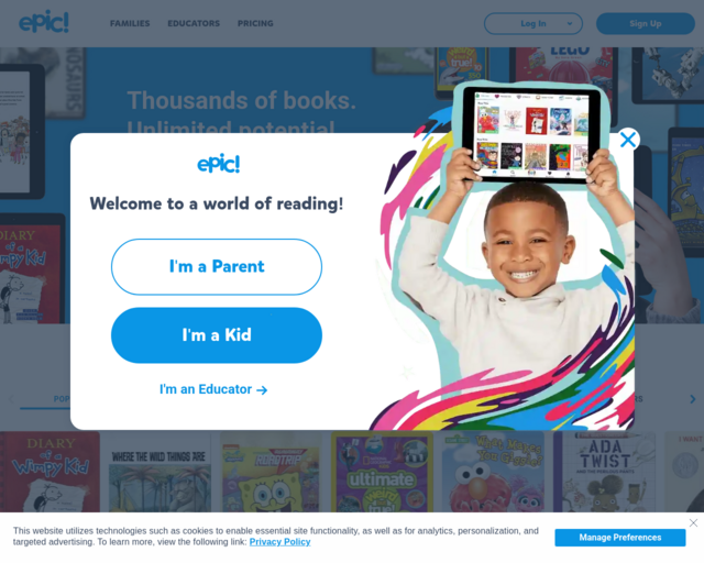 Screenshot of the Epic website