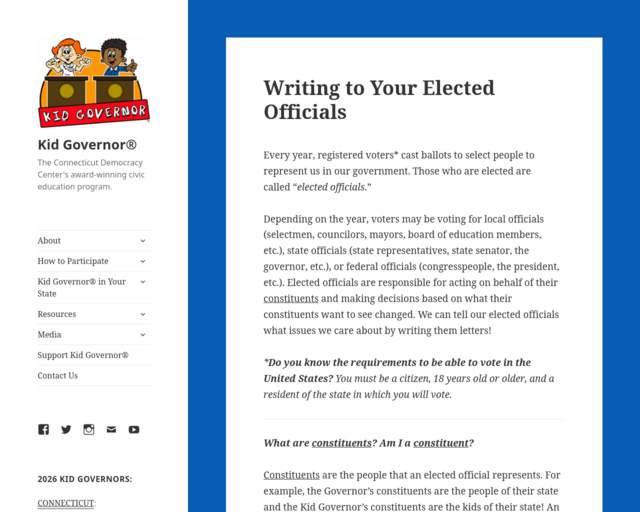 Screenshot of the Kid Governor - Writing to your elected officials website