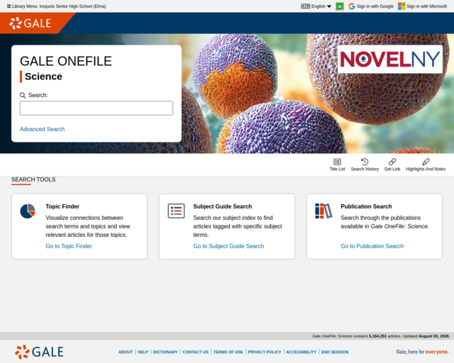 Screenshot of the Gale OneFile: Science website