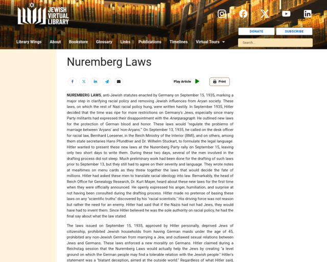 Screenshot of the Nuremberg Laws website