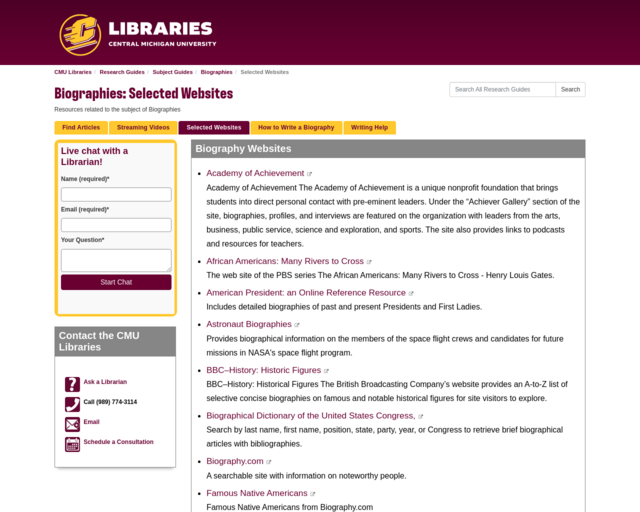 Screenshot of the Central Michigan University's Biography Resource page website