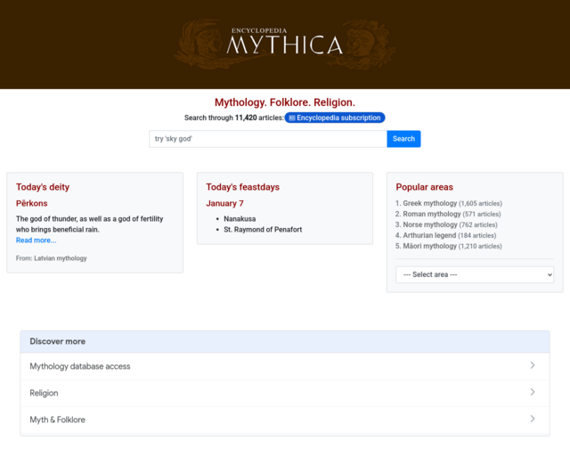 Screenshot of the Mythology Encyclopedia website
