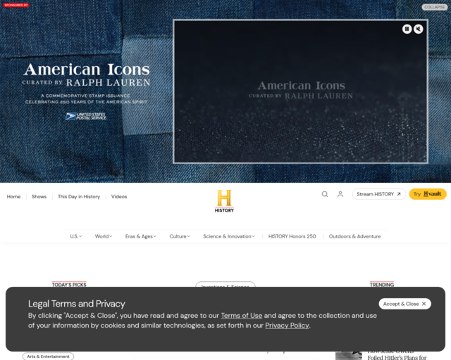 Screenshot of the The History Channel website