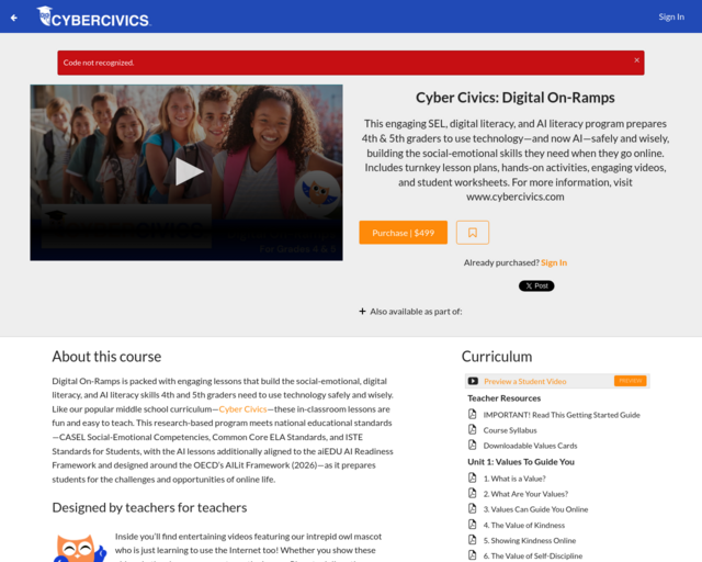 Screenshot of the CyberSmarts Digital On-Ramps, Grades 4-5 website