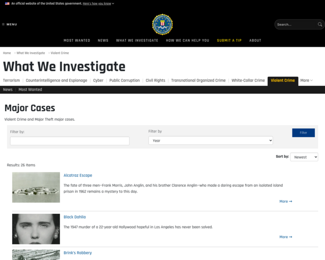 Screenshot of the Major Cases FBI website