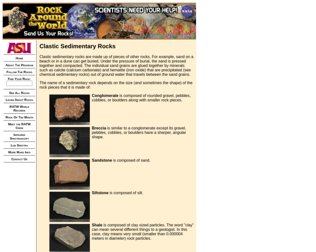 Screenshot of the Clastic Sedimentary Rocks 2 website