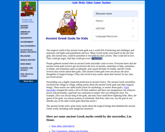 Screenshot of the Mr. Donn's Ancient Greek Gods for Kids website