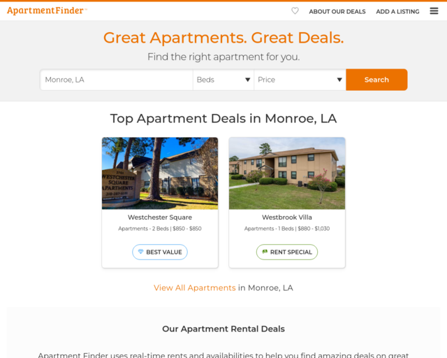 Screenshot of the Apartment Finder website