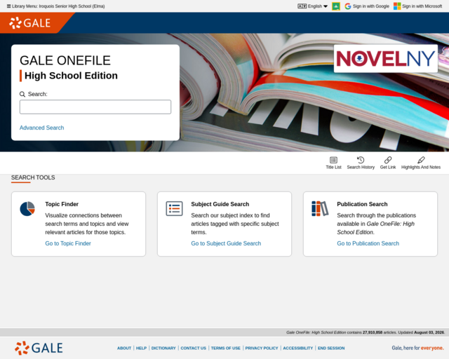 Screenshot of the Gale OneFile: High School Edition website