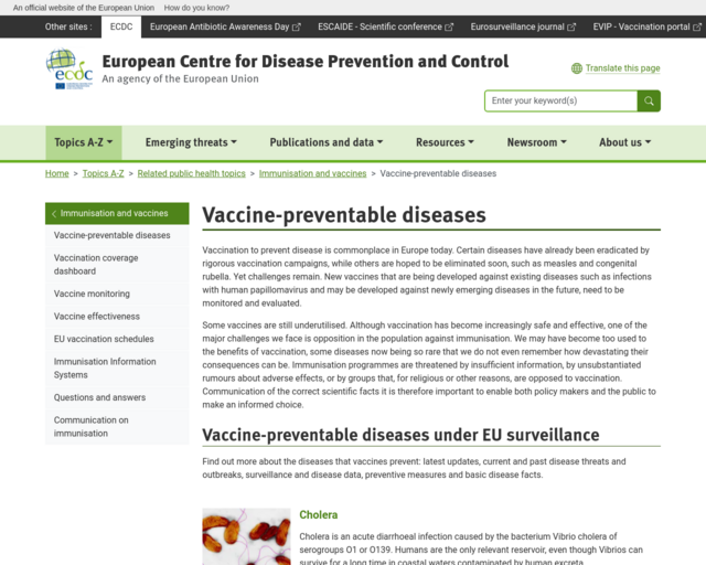Screenshot of the Vaccine-preventable diseases website
