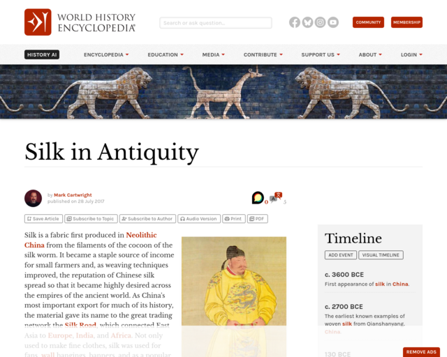 Screenshot of the History of Silk website