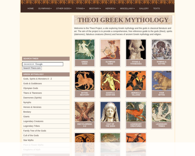 Screenshot of the Theoi Greek Mythology website