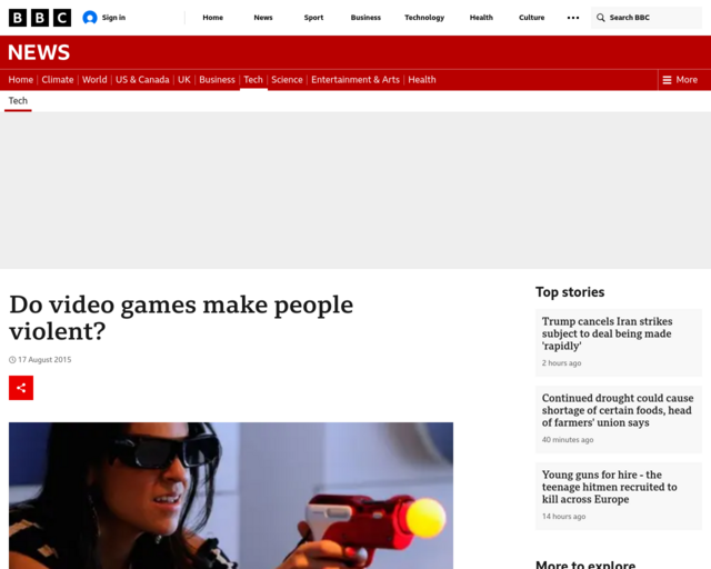 Screenshot of the BBC (British Broadcasting Corporation) Article on Violent Video Games website