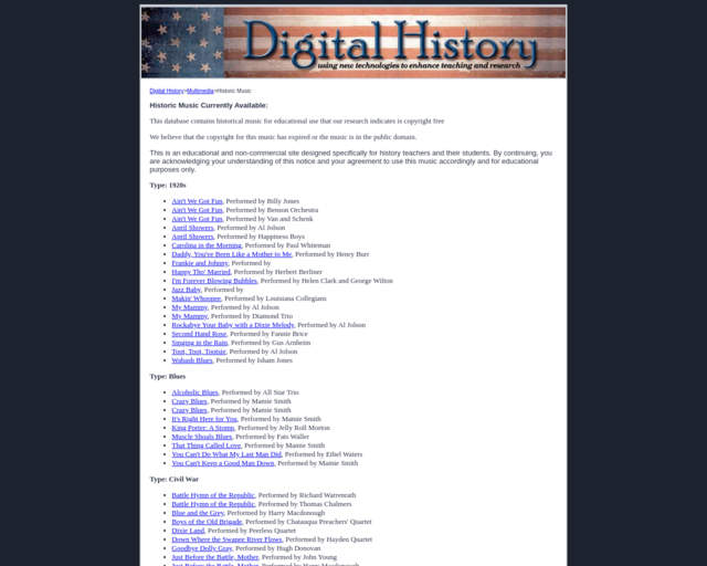 Screenshot of the Digital History: Historic music from WWI - 1920s website