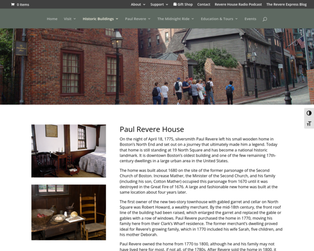 Screenshot of the The Paul Revere House Museum website