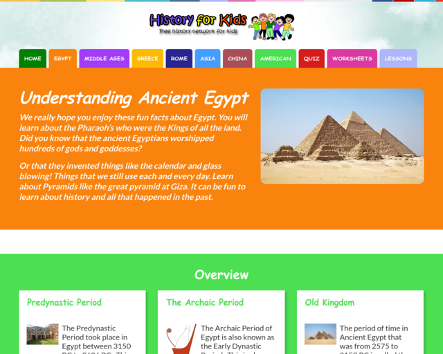 Screenshot of the History For Kids website