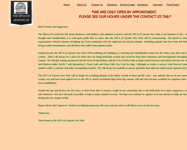 Screenshot of the SPCA of Upstate New York website