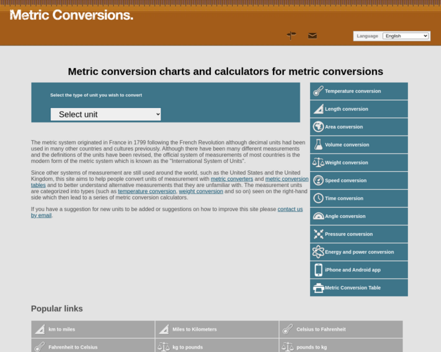 Screenshot of the Metric Conversions website