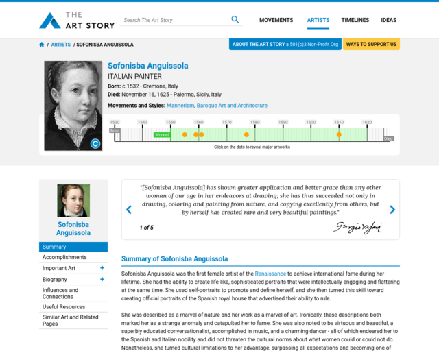 Screenshot of the Sofonisba Anguissola website