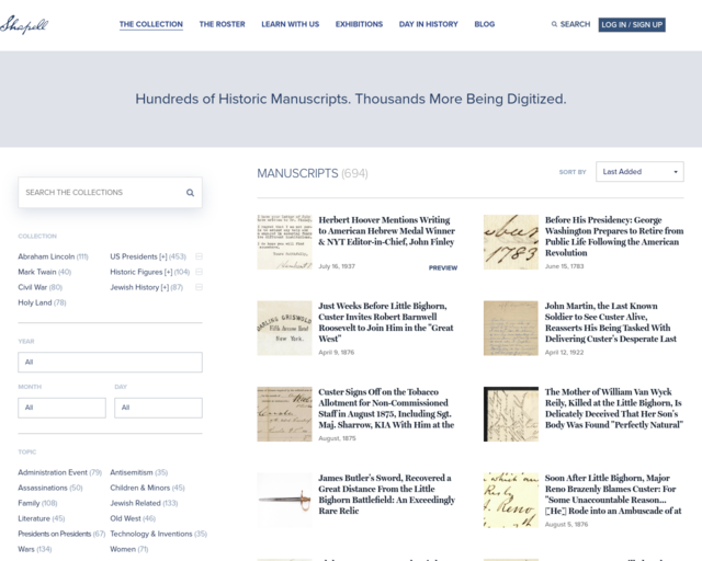 Screenshot of the Shapell Collection: website