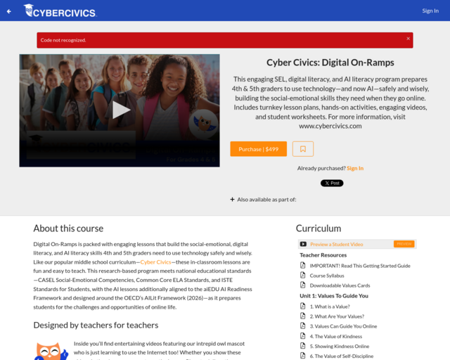 Screenshot of the CyberCivics Digital On-Ramps website