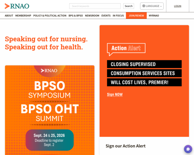 Screenshot of the Registered Nurses' Association of Ontario website