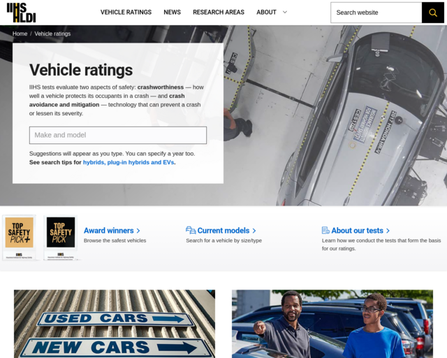 Screenshot of the Insurance Institute for Highway Safety website