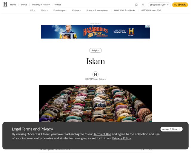 Screenshot of the History.Com website